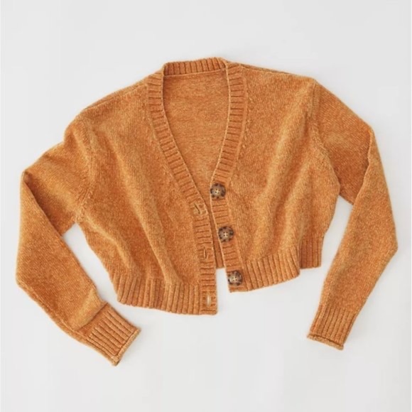 ⭐UO Maura Chenille Cropped Cardigan gold orange XS - Picture 1 of 11
